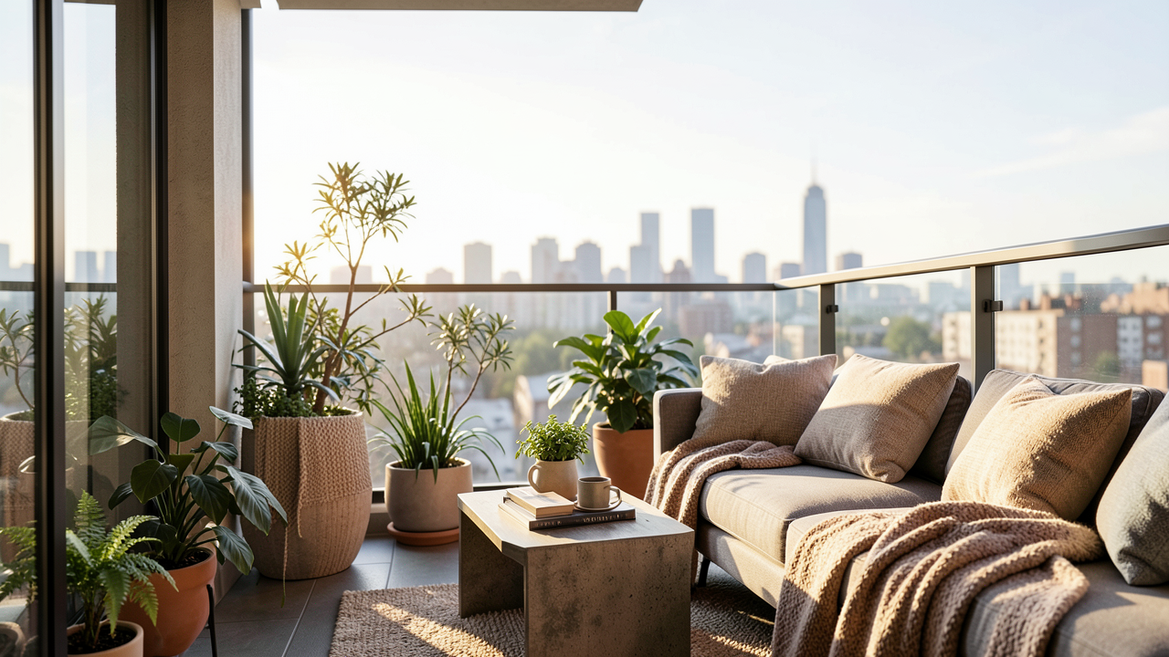 Sonnige Aussicht von einem modernen Apartmentbalkon mit Sitzbereich, Pflanzen und warmen Textilien, im Hintergrund eine Stadtlandschaft.
